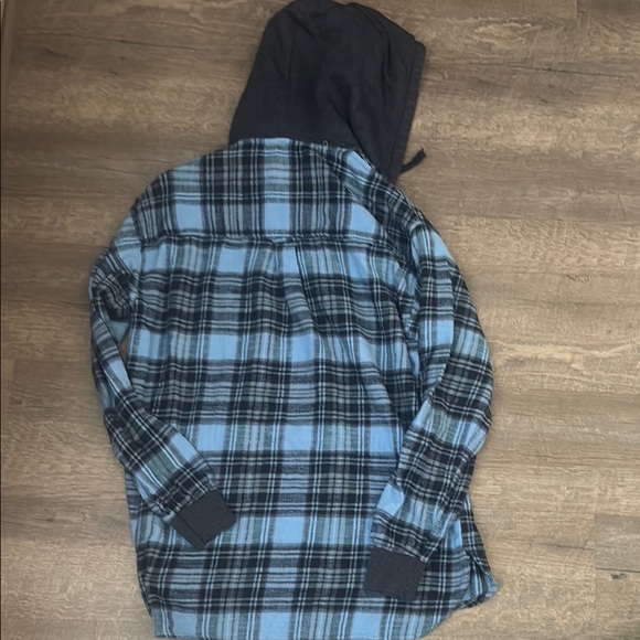 Blue and Black Plaid Hooded Shirt - Picture 5 of 7